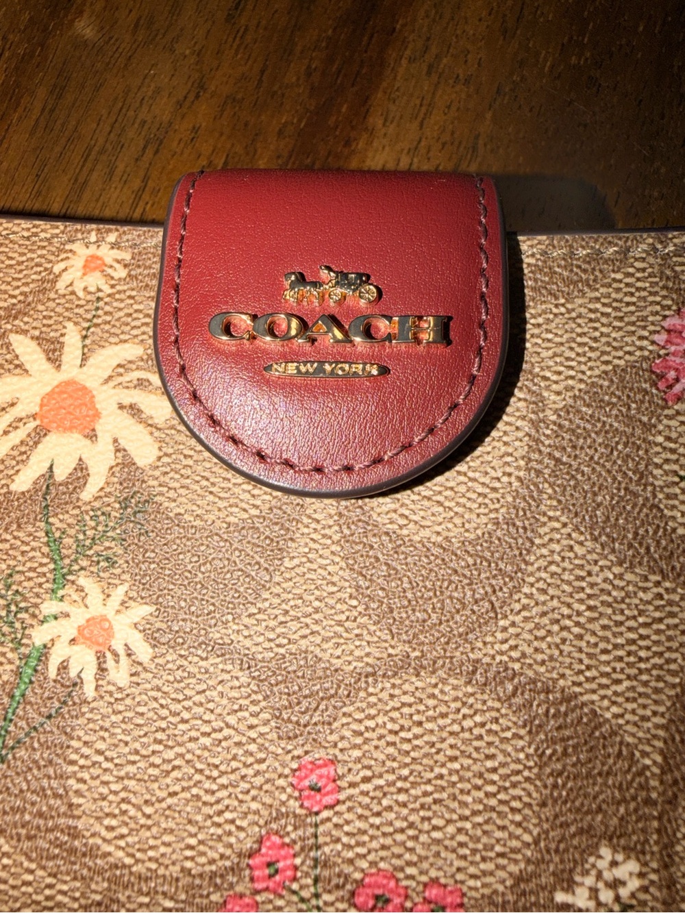 Coach Brown Signature Floral Compact Wallet with Pink and Cream Flowers - Picture 5 of 6
